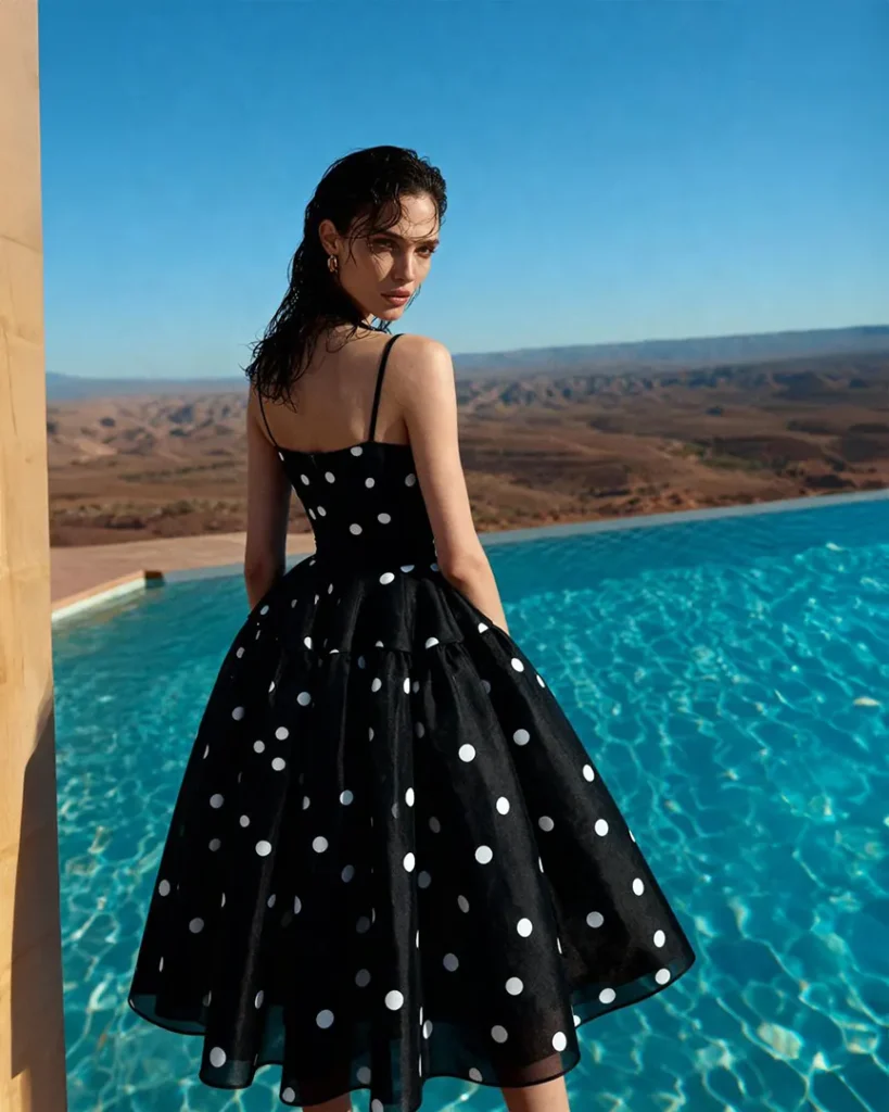 AI model photography of a black organza midi dress with white polka dots and a full tiered skirt, back view beside an infinity pool overlooking a desert valley