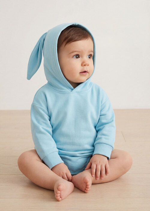 AI model photography of a light blue baby hooded romper with bunny-ear hood, seated pose