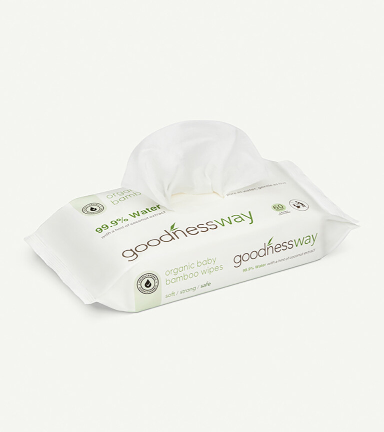 single pack of organic baby bamboo wipes on light grey background for product photography