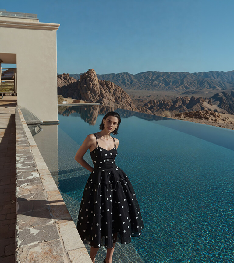 fashion model in black polka-dot full-skirt dress standing by infinity pool with mountain backdrop