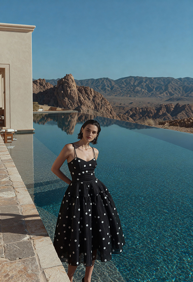 AI model product photography for Shopify clothing. Fashion model in a black polka-dot midi dress standing beside an infinity pool with mountain landscape behind.