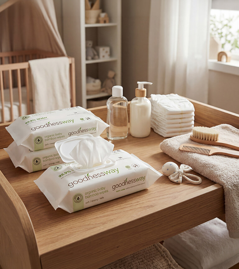 three packs of baby wipes arranged on wooden nursery changing table with baby accessories for Amazon product photography