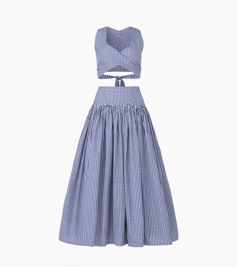 ghost mannequin blue gingham crop top and full skirt set on white background for apparel product photography