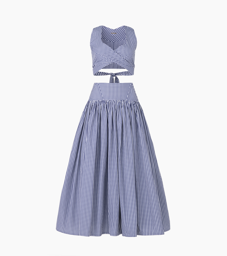 ghost mannequin blue gingham crop top and full skirt set on white background for apparel product photography