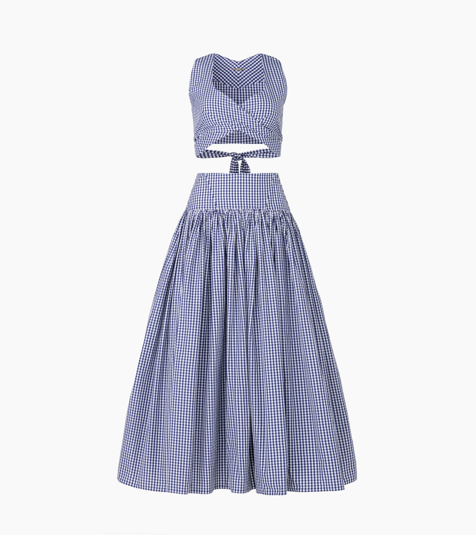Apparel invisible mannequin product photography by Shootify. Blue gingham crop top with tied front and matching gathered midi skirt shot ghost-mannequin style on white.