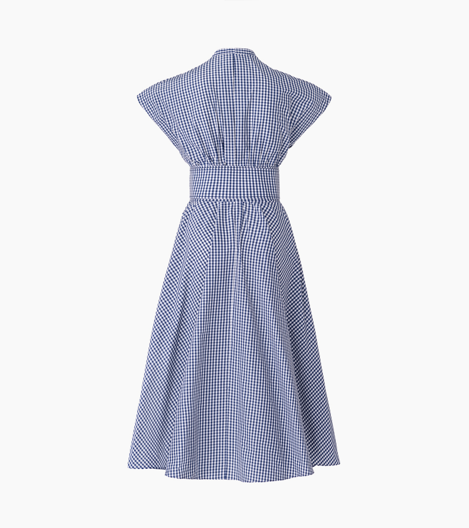 Clothing ghost mannequin photography ecommerce studio. Back view of a blue gingham cap-sleeve midi dress with cinched waist on a white background.