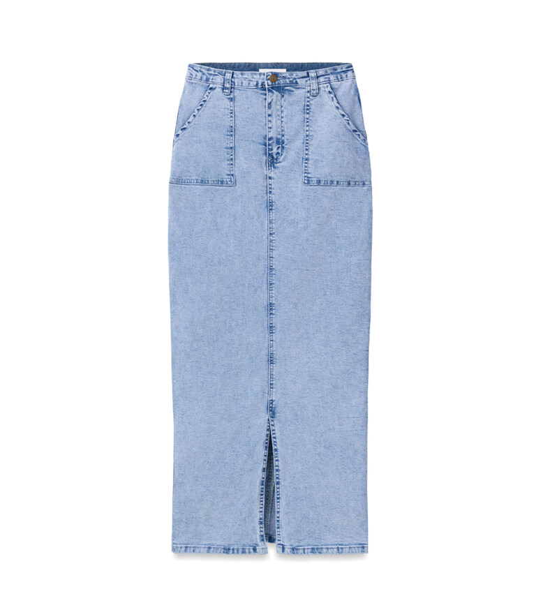 ghost mannequin denim midi skirt with front slit on white background