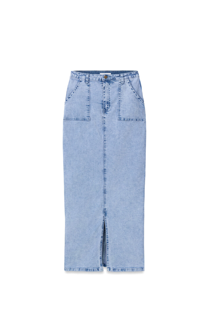 Ecommerce on-model photography and video for Shopify. Light blue denim midi skirt with front slit on white.