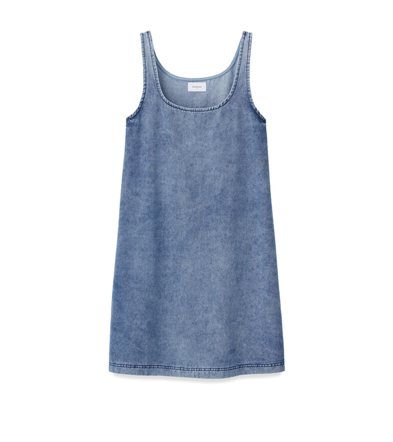 ghost mannequin denim mini pinafore dress on white background for ecommerce product photography