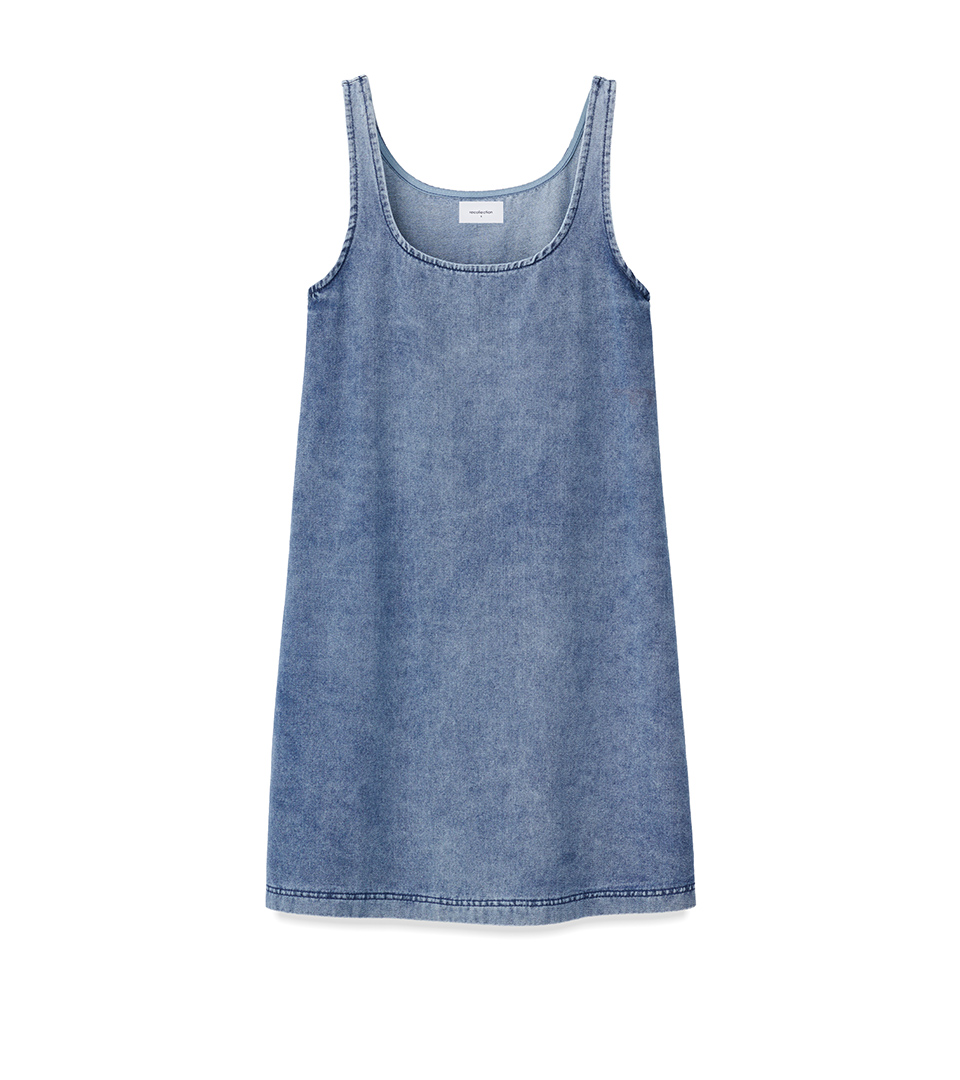 ghost mannequin denim mini pinafore dress on white background for ecommerce product photography