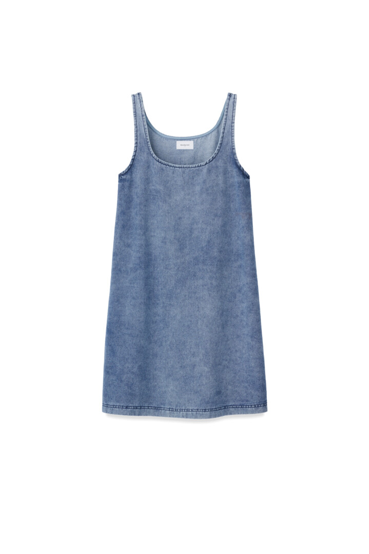 Ecommerce product photography and video services by Shootify. Light blue denim sleeveless pinafore dress on white.