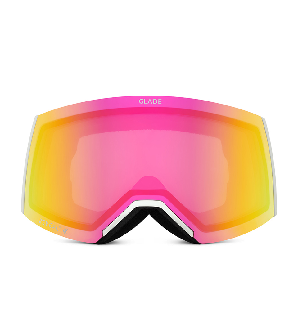 ski goggles with pink-orange mirrored lens shown front view on white background for eyewear product photography