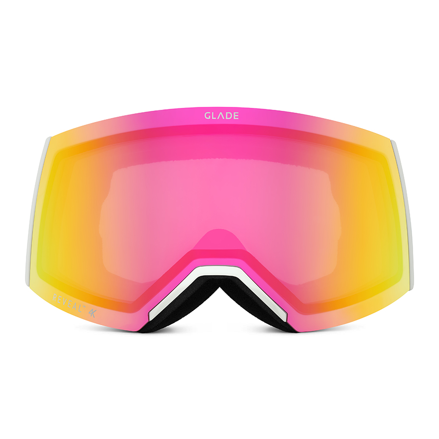 Eyewear product photographer for clothing and accessories. Ski goggles with pink-orange mirrored lens shown front view on a white background.