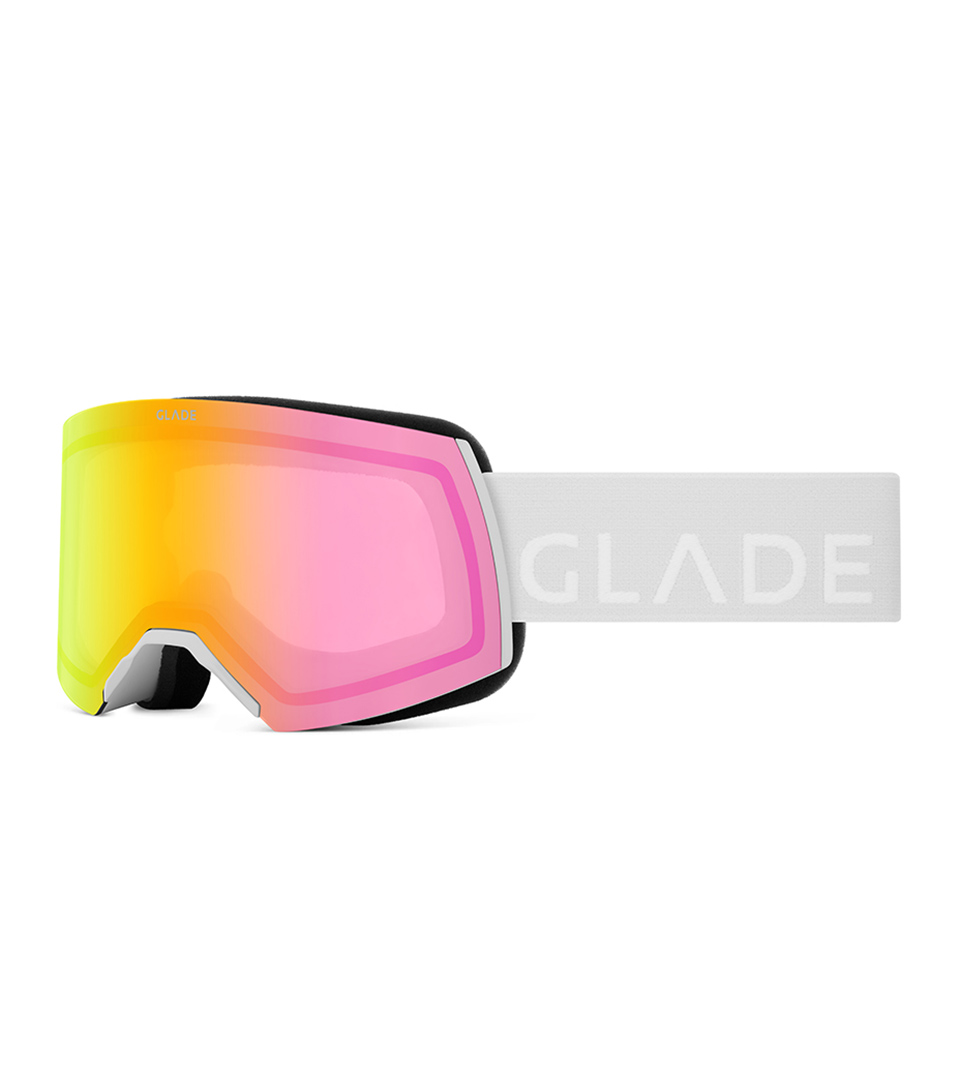 ski goggles with pink mirrored lens and white strap displayed front-facing on white background