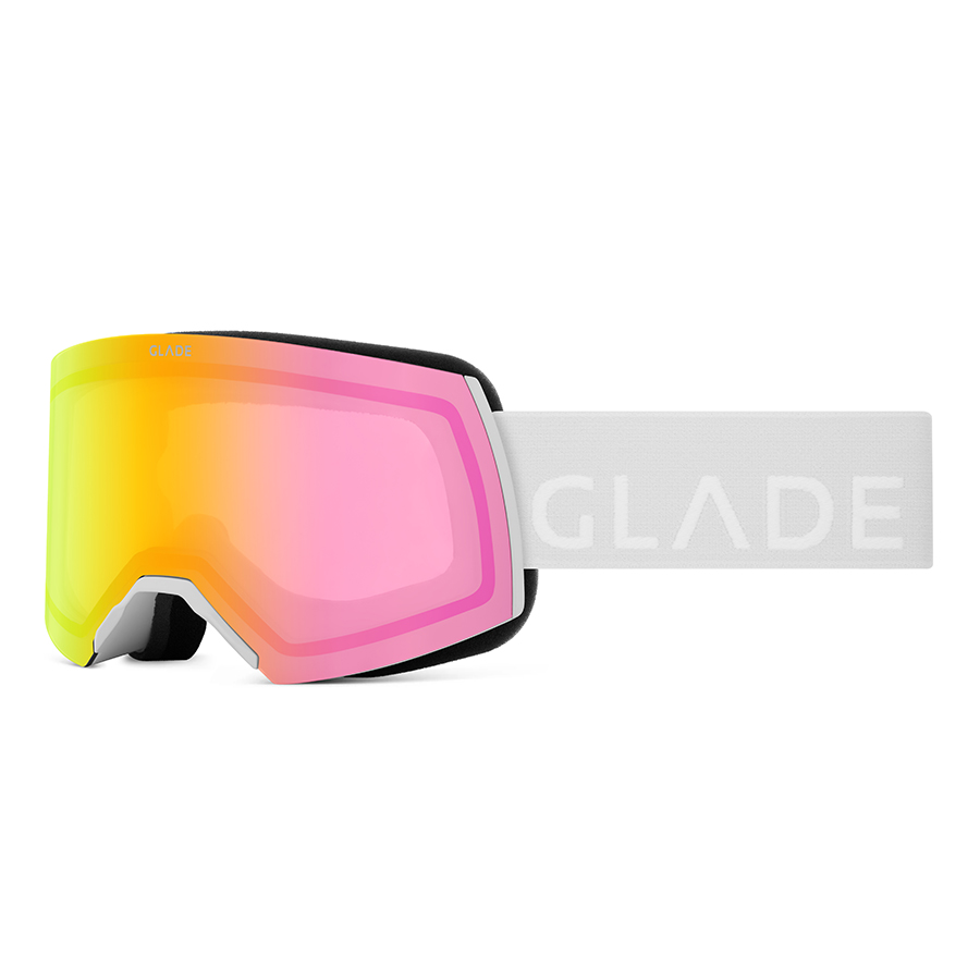 Eyewear product photographer for clothing and accessories. Ski goggles with white branded strap and pink mirrored lens shown from side on a white background.