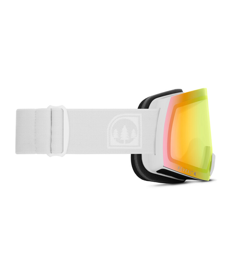 white ski goggles with orange-red reflective lens shown from side on white background for eyewear product photography