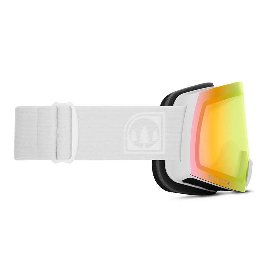 Eyewear product photographer for clothing and accessories. Ski goggles with white strap and pink-yellow mirrored lens shown from side on a white background.