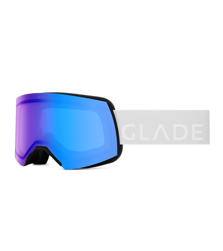 ski goggles with blue mirrored lens and white branded strap shown front-facing on white background