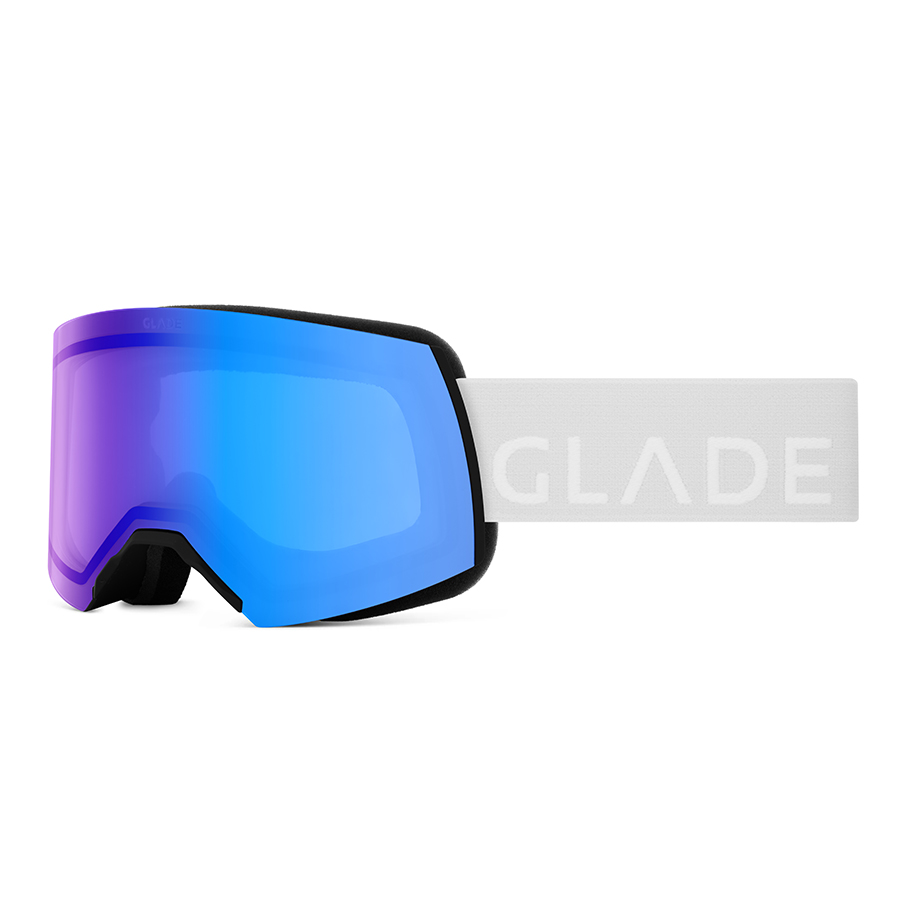 Eyewear product photography studio by Shootify. Ski goggles with blue-purple mirrored lens and white branded strap on a white background.