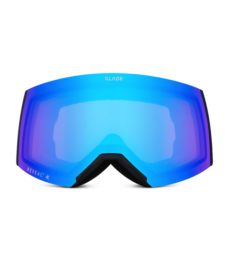 ski goggles with blue mirrored lens displayed front view on white background