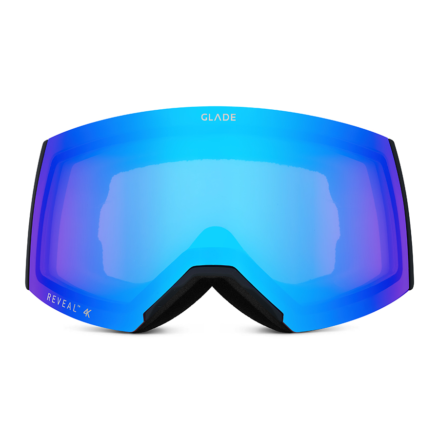 Eyewear product photography studio by Shootify. Ski goggles with blue mirrored lens shown front view on a white background.