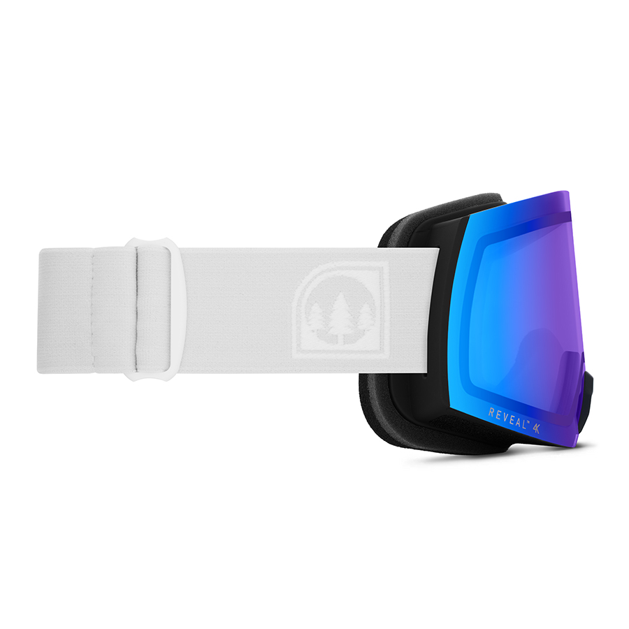 Eyewear product photography studio by Shootify. Ski goggles with white strap and blue mirrored lens shown from side on a white background.