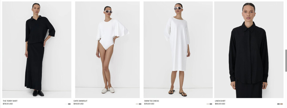 Fashion brand video and photo content production. Ecommerce product grid: terry skirt, cape swimsuit, swim tee dress and linen shirt.