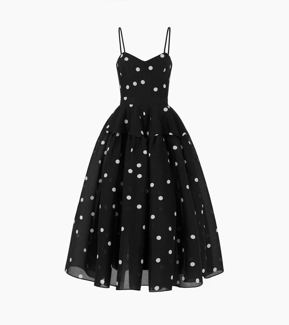 ghost mannequin black polka-dot full-skirt dress on white background for ghost mannequin photography