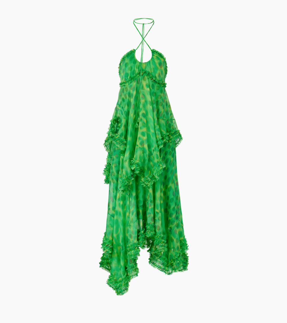 ghost mannequin green polka-dot ruffled halter dress on white background for ghost mannequin photography