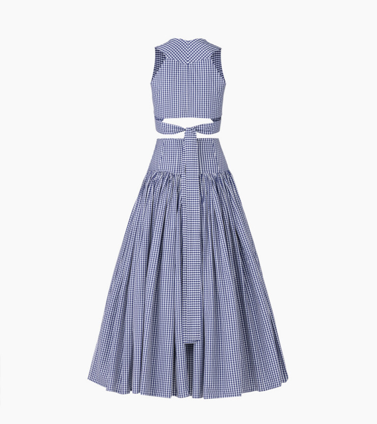 ghost mannequin back view of blue gingham crop top and full midi skirt two-piece on white background