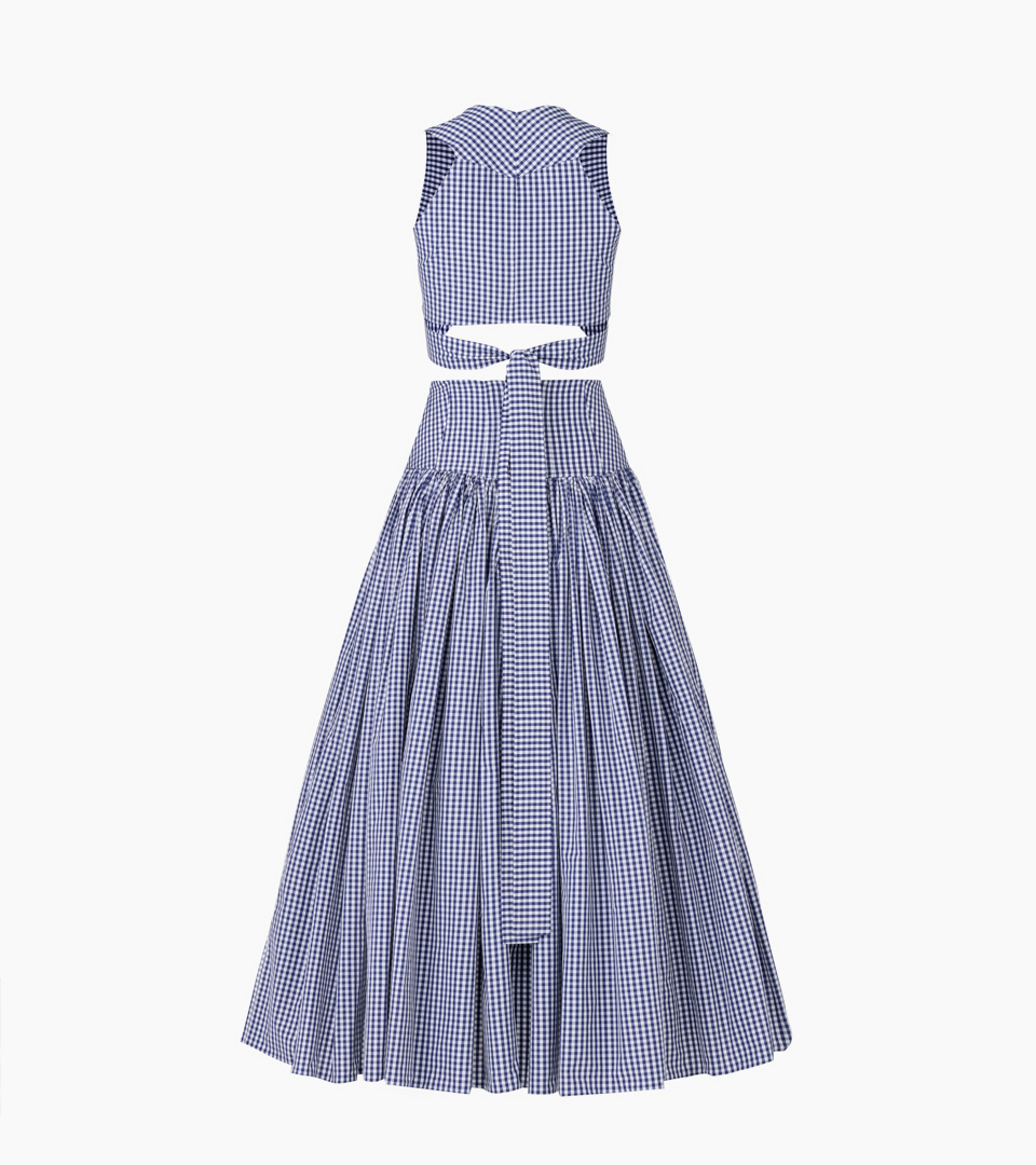 ghost mannequin back view of blue gingham crop top and full midi skirt two-piece on white background