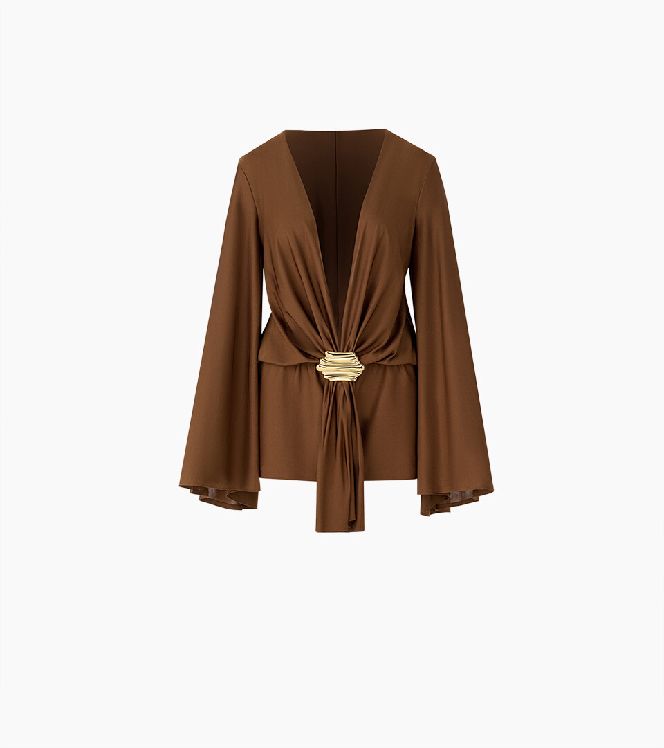 ghost mannequin brown wide-sleeve blouse with gold clasp on white background for ghost mannequin photography