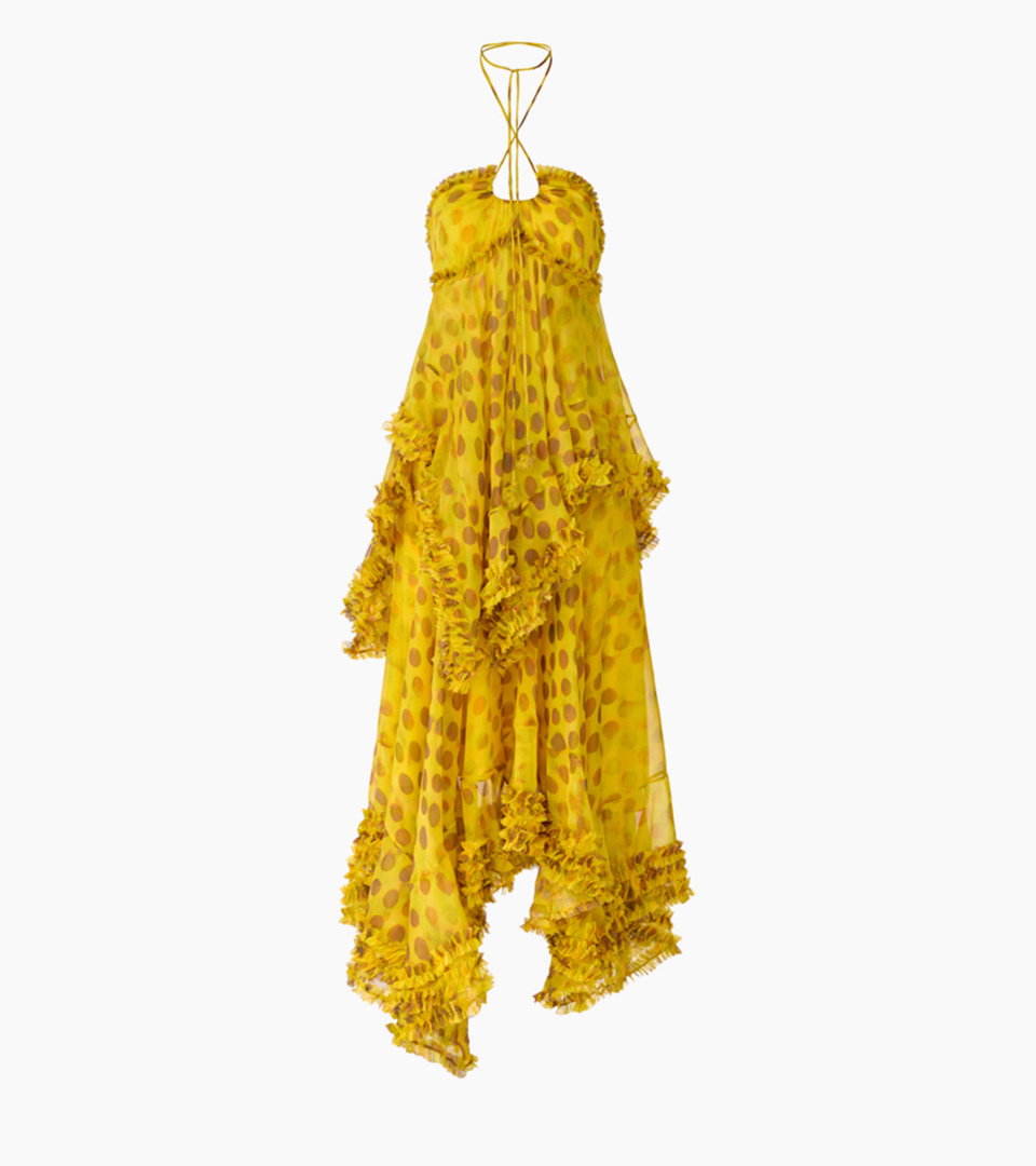 ghost mannequin yellow polka-dot ruffled halter dress on white background for invisible mannequin photography