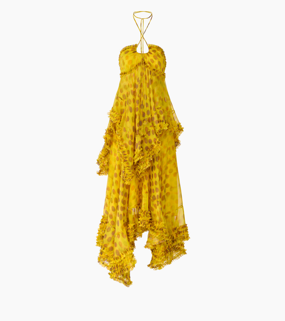 Invisible mannequin product photography studio by Shootify. Yellow polka-dot ruffled tiered halter dress shot ghost-mannequin style on white.