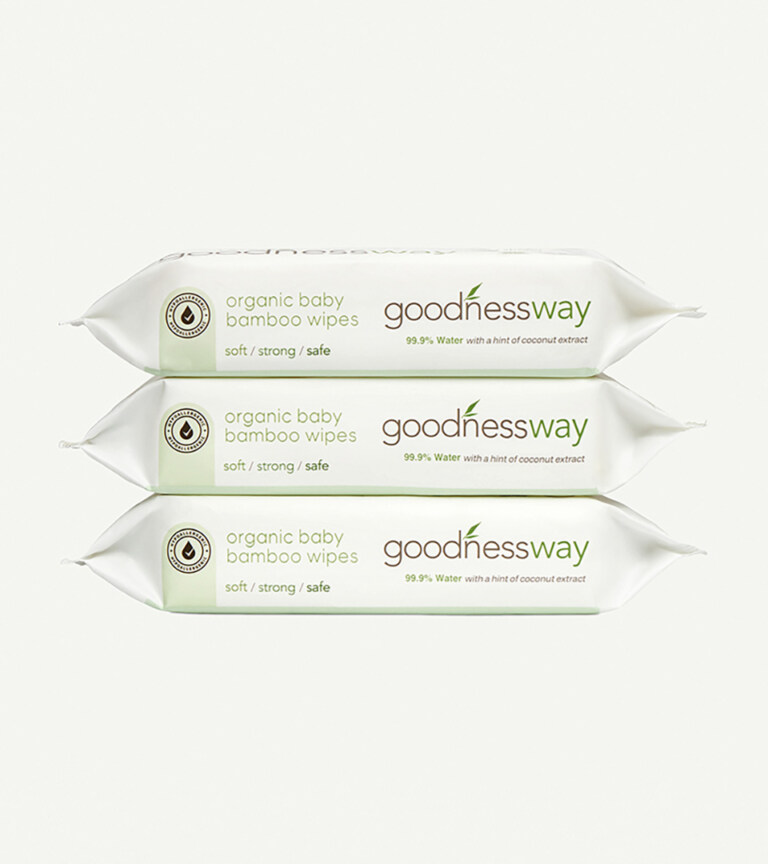 three stacked packs of organic baby bamboo wipes on white background for Amazon product photography