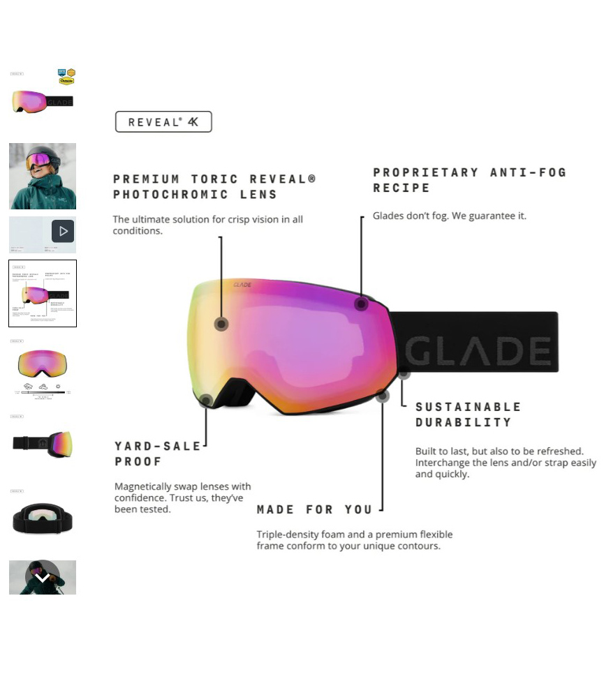 ski goggles product infographic with feature callouts showing lens and frame detail for eyewear photography