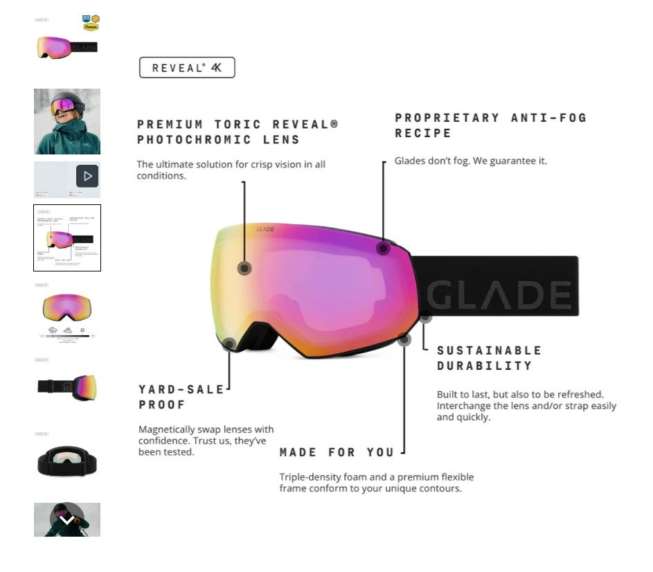 Product photography for reflective surfaces and glass. Ski goggles product layout with feature callouts and pink mirrored lens detail.