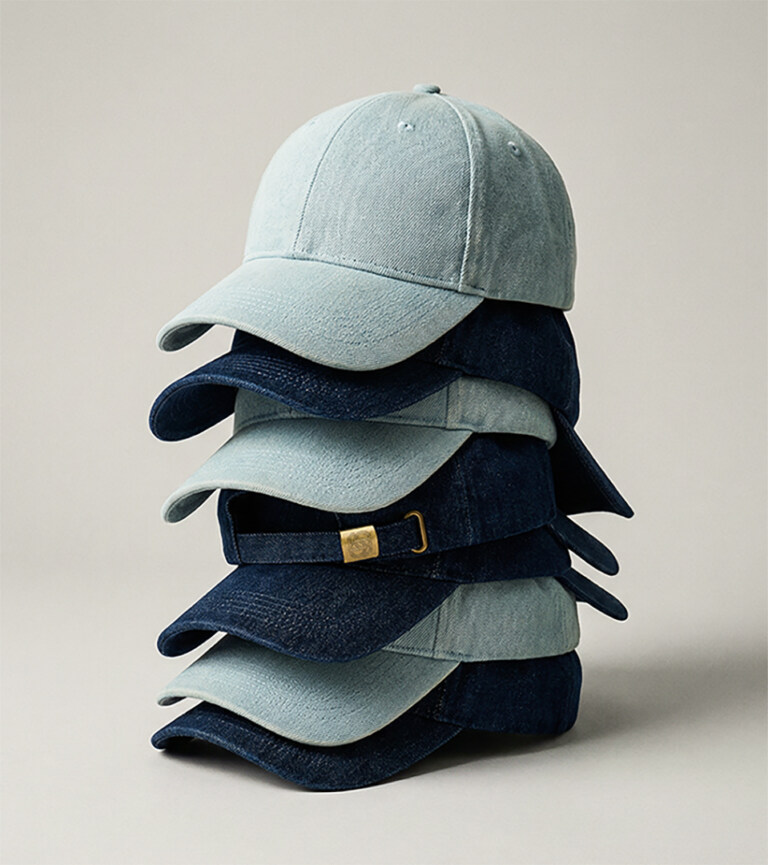 stack of denim baseball caps in varying blue shades on light beige background for product photography