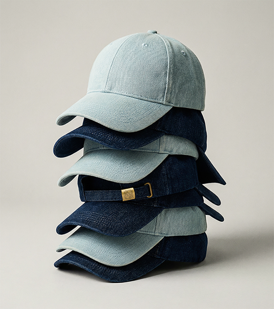 stack of denim baseball caps in varying blue shades on light beige background for product photography