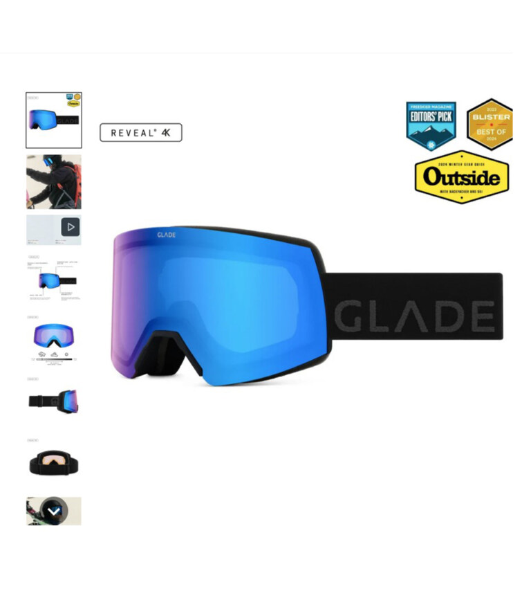 ski goggles on ecommerce product page with thumbnail gallery and award badges for reflective product photography