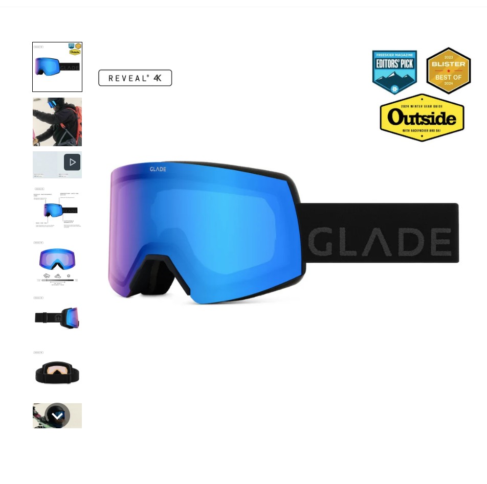 Reflective product photography studio eyewear by Shootify. Ski goggles product layout with blue mirrored lens, thumbnail gallery and award badges.