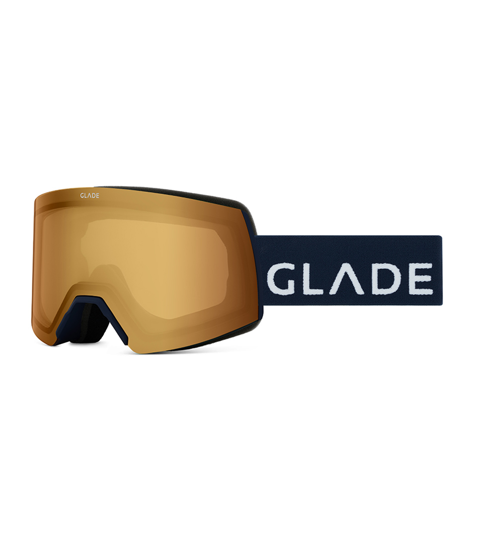 navy ski goggles with amber mirrored lens and branded strap displayed front-facing on white background