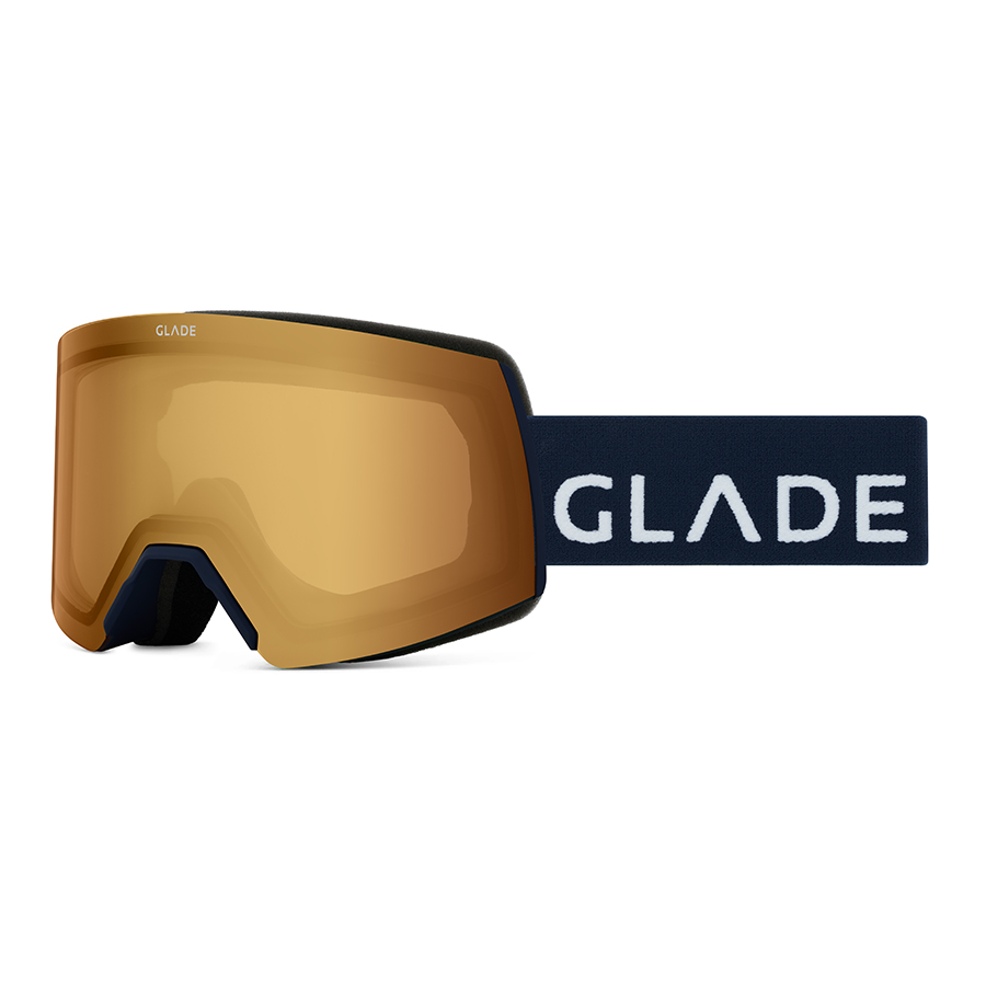 Sunglasses ecommerce product photography studio. Ski goggles with navy strap and amber mirrored lens shown from side on a white background.