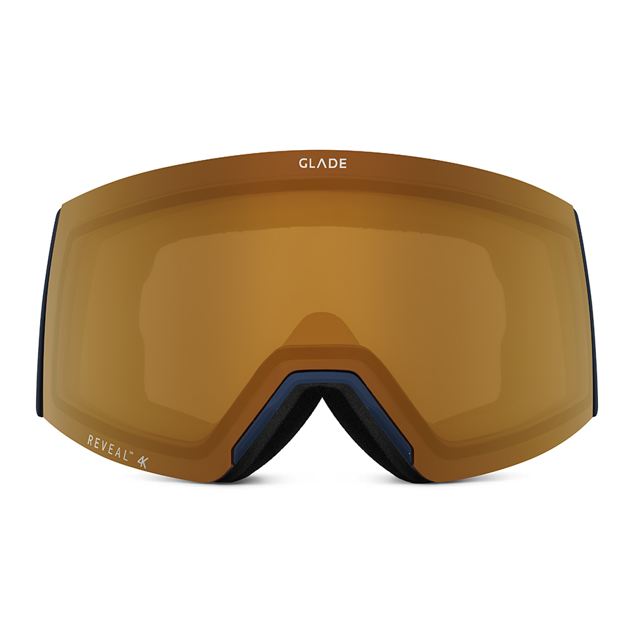 Sunglasses ecommerce product photography studio. Ski goggles with amber mirrored lens shown front view on a white background.