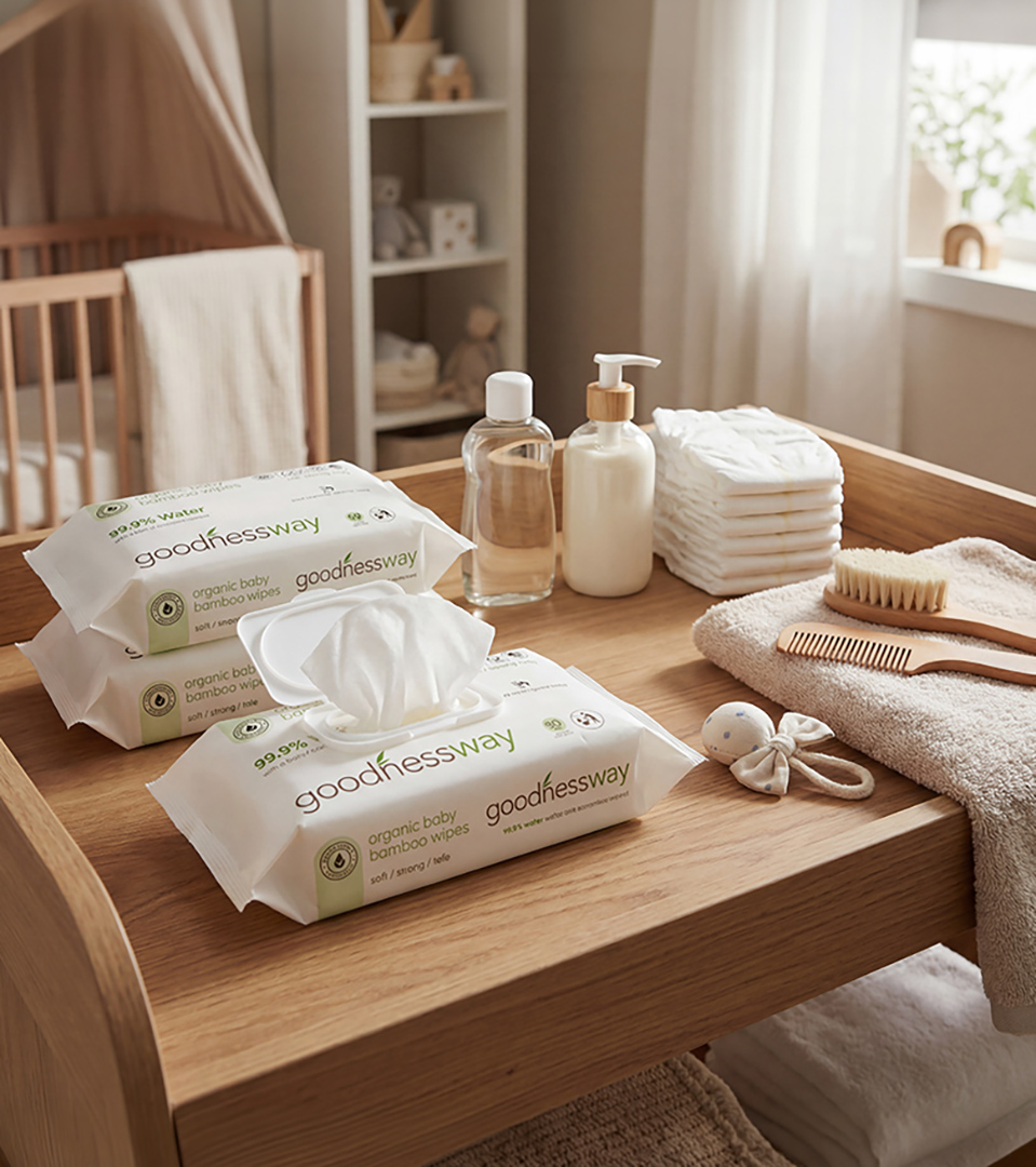 Amazon product photography studio by Shootify. Three Goodnessway baby wipes packs on a wooden nursery changing table styled with oil bottle, towels, hairbrush and plush rabbit.