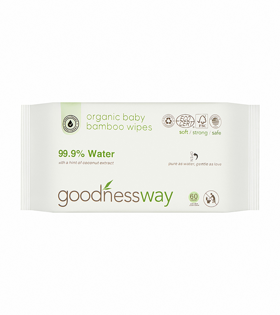 Ecommerce product photography Amazon listing by Shootify. Hero shot of a sealed Goodnessway organic baby bamboo wipes pack on a clean white background.