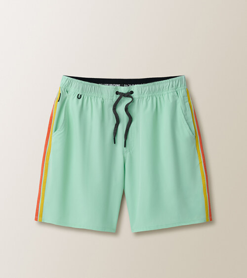 Mint green swim shorts with side stripe flat lay photography for online shops