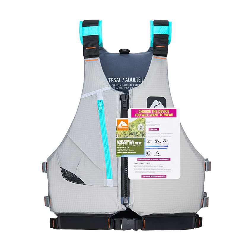 Product photography of a grey and blue adult life vest with safety label and hang tag attached, front view