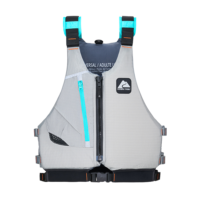 Product photography of a light grey and slate blue adult life vest with aqua zipper accents, front view on a white background