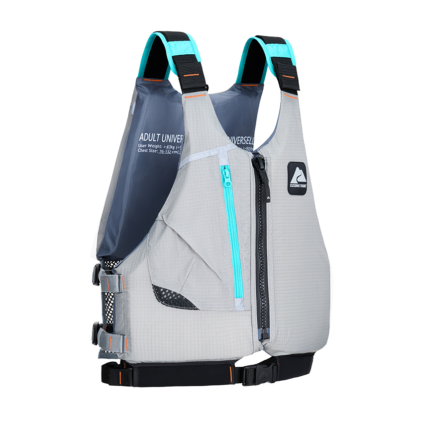 Product photography of a grey paddling life vest with contrast shoulder straps, three-quarter side view